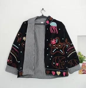 Chaqueta Bohemia de Terciopelo Negro Bordada con Dibujos Animados de Criaturas Marinas, Cuello Alto, Manga Larga, Chaqueta de Primavera para Mujer - Product Image 5
