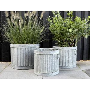 Juego de 3 Macetas Redondas de Metal Galvanizado, Textura Acanalada, para Jardín Exterior, Estilo Industrial, Decoración de Patio, Gran Venta - Product Image 1