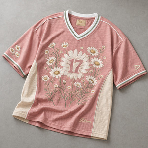 เสื้อเจอร์ซีย์กีฬาตาข่ายขนาดใหญ่พิเศษสำหรับผู้ชาย สไตล์ Y2K ย้อนยุค ลายดอกเดซี่สีชมพูอมเทา ผ้าโพลีเอสเตอร์ระบายอากาศได้ดี - Product Image 1
