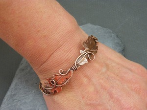 Handmade Oak Leaf <b>Copper</b> <b>Bangle</b>: Adjustable Wire Wrapped Bracelet - Product Image 2