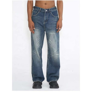 Jeans décontractés unisexe coupe droite et large, effet vieilli, style gothique, 100% coton, taille mi-haute - Product Image 1