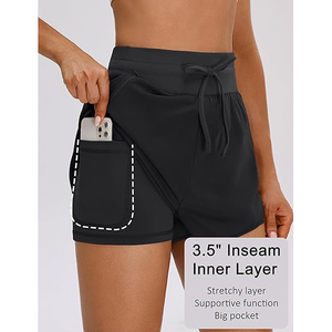 LEAFITS Short de sport noir taille haute pour femme avec cordon de serrage, séchage rapide et respirant, poches zippées pour la course et l'entraînement en salle de sport - Product Image 2
