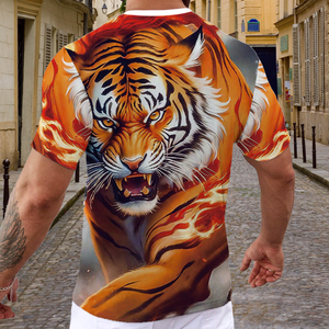 T-shirt graphique 3D Roaring Fire Tiger pour hommes |   T-shirt à sublimation animale Flamme Intense |   Haut urbain streetwear orange vif - Product Image 2