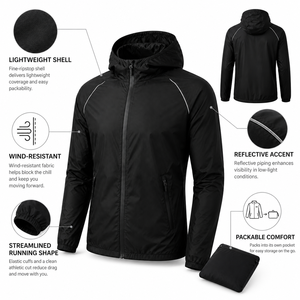 Veste coupe-vent à capuche pour homme avec fermeture éclair intégrale et poignets élastiques, noire unie, vêtement d'extérieur sportif, manteau léger pour la course à pied en automne - Product Image 4