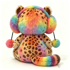 Peluche de leopardo suave personalizado con efecto tie-dye arcoíris y orejeras con pompones, lindo leopardo sentado con manchas y pelaje arcoíris. - Product Image 3
