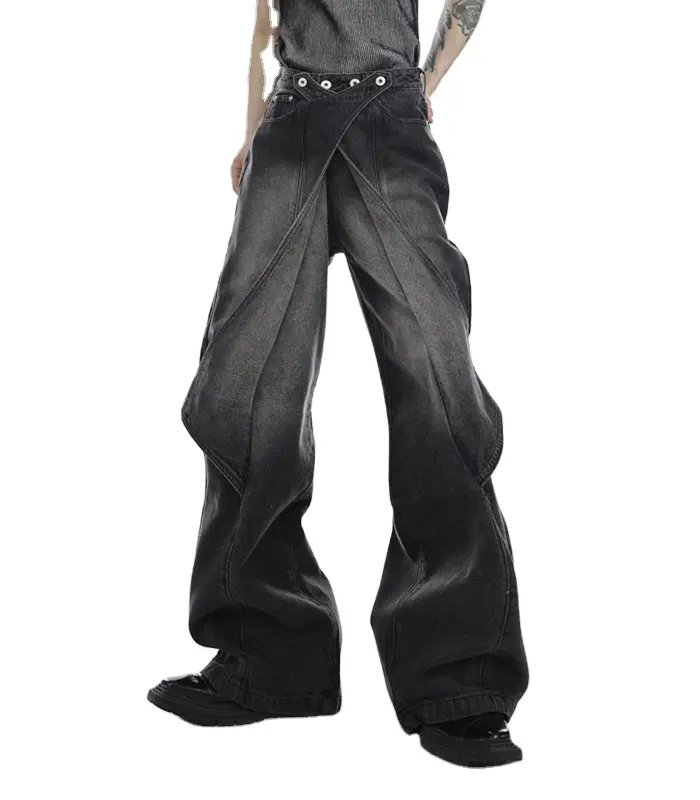 Erkek siyah trendy marka rahat tulum moda yüksek sokak strappy alevlendi kot