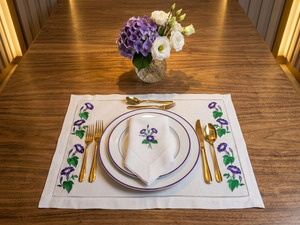 Custom Washable Reuse Embroidery Pretty Purple Floral <b>Placemats</b> Napkins Sets 100% Linen Hemstitch Mats Home Wedding Events - Product Image 4