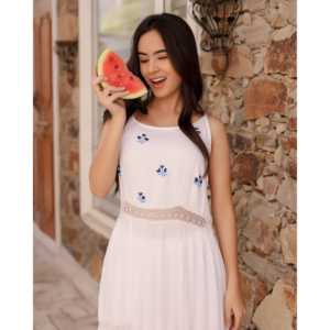 Vestido Glory Blanco Floral Pintado a Mano, Sin Tirantes, Corte A, Tejido Transpirable, Talla XS, Ropa Casual con Cintura Natural - Product Image 2