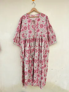 Robe midi bohème pour femme, en coton rose à imprimé floral, manches bouffantes et col noué, robe d'été décontractée - Product Image 5