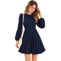 Robe Courte Unie pour Femme avec Manches Volants Complètes, Col Rond, Respirante, Coupe Évasée, Printemps/Été, Décontractée pour le Quotidien