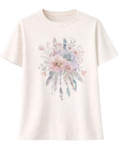 Manufacturer Custom Beige Women Floral Graphic T Shirt Soft Cotton Crew Neck Short Sleeve Casual Summer <b>Top</b> Vintage Boho Style - Product Image 1