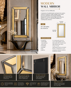 Golden <b>Wall</b> <b>Mirror</b> <b>Rectangle</b> Design Decorative <b>Mirror</b> <b>for</b> Bathroom Bedroom Living Room Modern | Stylish <b>Wall</b> Mounted 24*36 Inch - Product Image 2