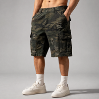 Shorts cargo en jean camouflage imprimé intégral, taille mi-haute, 100% coton, avec poches utilitaires, brodés et déchirés, personnalisés par le fabricant
