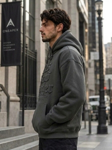 <b>Men's</b> <b>Grey</b> Hoodie Oversized Embossed Hoodie Streetwear Pullover Hooded <b>Sweatshirt</b> Front Logo Wholesale - Product Image 4