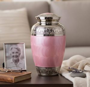 Elegant Pink Cremation <b>Urn</b> with Silver Floral Engraving Round Metal Memorial <b>Urn</b> for Home Sympathy Decor High Selling - Product Image 1