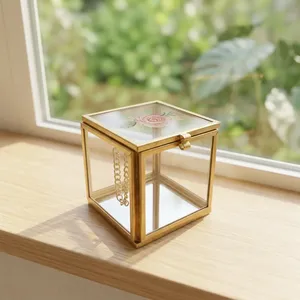 Artisan Design Square Glass Mirror Jewelry <b>Box</b> <b>Floral</b> Lid Brass Frame Minimalist Modern Design B66b Vanity Storage Decorative - Product Image 3