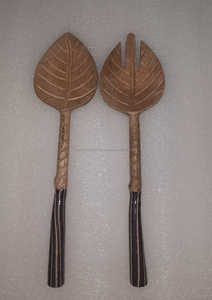 Acacia Wood Salad <b>Server</b> Set with Rattan Weaving Handles Large Commercial Kitchenware for <b>Food</b> Serving - Product Image 4