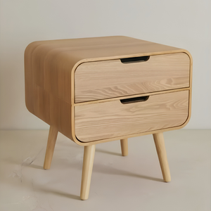 Mesa de Noche Curva de Madera de Teca con 2 Cajones y Patas Cónicas - Product Image 1