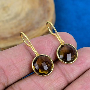Natural Handmade Smokey Quartz Round Shape Gemstone Hook Earrings 18k Micron Gold Over 925 <b>Sterling</b> <b>Silver</b> - Product Image 4