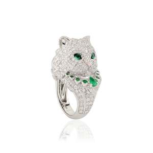 18K Art Deco Emerald <b>Cat</b> <b>Ring</b> with Invisible Set Cluster Diamonds - Product Image 2