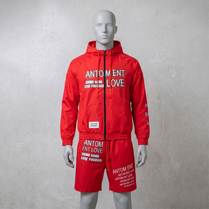 OEM Casual Windproof Hooded Men's 100% Cotton Lightweight Tracksuit Two-Piece <b>Set</b> with Zipper Hoodie and Shorts - Product Image 3