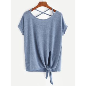 T-shirt décontracté d'été pour femme à manches courtes en coton tricoté et fibre de bambou, dos croisé, noué devant, tie-dye, coupe ample, couleur unie - Product Image 4