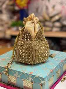 Bolso cilíndrico Potli blanco perla con bordado de cuentas plateadas, monedero con cordón para mujer, para boda, fabricante de bolsos de noche tipo clutch - Product Image 5