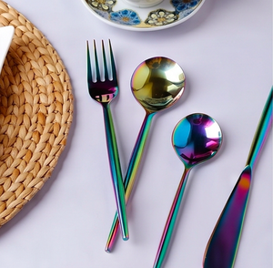 Ensemble de couverts en métal aux tons arc-en-ciel, finition miroir haute brillance, style glamour, résistant à la rouille, parfait pour les fêtes - Product Image 1