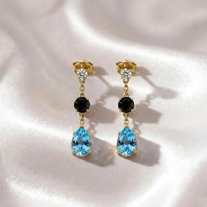 Natural Sky Blue Topaz Pear Drop Earrings With <b>Black</b> Obsidian Oval CZ Accent Handmade Gemstone Jewelry Gift For Her - Product Image 4