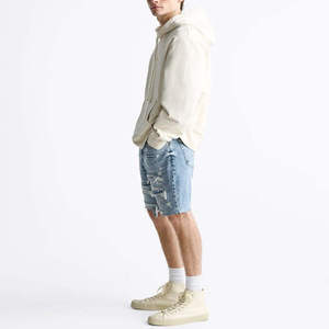 Shorts en jean déchirés et délavés pour hommes, taille mi-haute élastique, ourlet brut, coupe décontractée, séchage rapide, respirant, 100% coton - Product Image 3