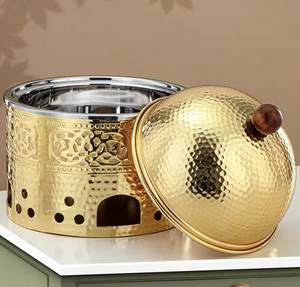 Recipiente para Calentar Comida Tipo Buffet de Acero Inoxidable de Lujo, Dorado y Plateado, con Acento de Flor 3D, con Tapa de Cúpula - Product Image 6