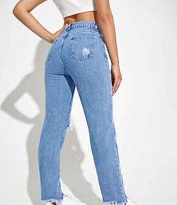 Jeans de mezclilla de cintura alta con logo personalizado, los más vendidos, para mujer, estilo vintage, azules, rasgados, de pierna ancha - Product Image 5