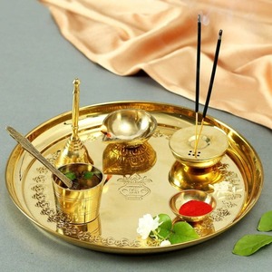 Designer Brass Pooja Thali Set Traditional Craft Puja <b>Plate</b> with Diya Bell Kalash Temple <b>Decor</b> - Product Image 4