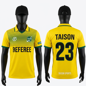Maillot d'arbitre en polyester premium 180 GSM, jaune et vert avec panneaux rayés, évacuation de l'humidité, logo personnalisé par sublimation - Product Image 1