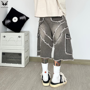 Pantalones Cortos Cargo de Mezclilla Gris para Hombre, Estilo Techwear, con Múltiples Bolsillos, Borde Deshilachado, Patchwork, Holgados, Personalizados, Venta al por Mayor, Streetwear, Vaqueros Cortos Sueltos - Product Image 2