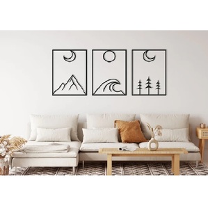 Ensemble d'art mural minimaliste en métal, paysage de montagne, vagues, arbres, cadre noir, rectangle, décoration de la maison, style moderne, ensemble multi-pièces - Product Image 1