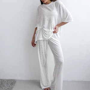 Women Solid Color Casual <b>Tracksuit</b> Set Loose Fit Crew Neck Short Sleeve Top With Elastic Waist Pants Side Pockets Spring Wear - Product Image 3