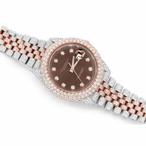Luxury Iced Out Moissanite Watch Brown Dial Two Tone Rose Gold <b>Automatic</b> Mechanical Diamond Bust Down <b>Wristwatch</b> - Product Image 3