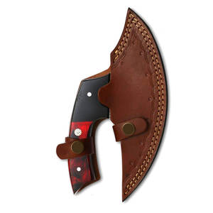 Custom Handmade Damascus Steel Pizza Cutter Wheel Ulu Knife With Red & Black Handle Kitchen Axe with Genuine Leather Sheath - Product Image 4