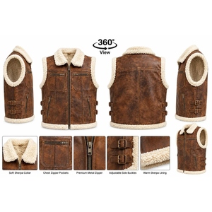 Gilet en cuir véritable premium avec col en peau de mouton, veste de motard d'hiver, gilet chaud personnalisé pour l'extérieur, vente en gros - Product Image 2