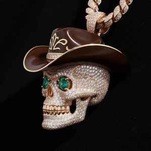 Hiphop Style Skull <b>Pendant</b> With <b>Emerald</b> Eyes Diamond Accents 18K Gold Plated Men's Themed Charm - Product Image 2