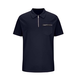 Men's Plus Size Navy Blue Short Sleeve Knitted Polo <b>Shirt</b> With Zipper <b>Collar</b> And Chest Pocket Casual Style - Product Image 1