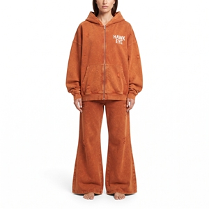 Custom Acid Wash Solid Rust Color Full Zip Hoodie Distressed Relaxed Fit Flared <b>Wide</b> <b>Leg</b> <b>Jogger</b> Tracksuit For Women - Product Image 5
