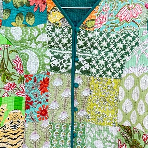 Veste matelassée en coton pour femme, patchwork floral, manches longues, col en V, fermeture boutonnée, vêtement d'extérieur printemps - Product Image 5