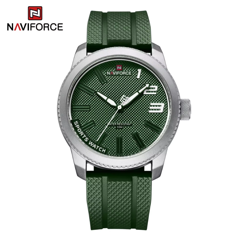 7 Cassa in argento Quadrante verde Cinturino in PU verde
