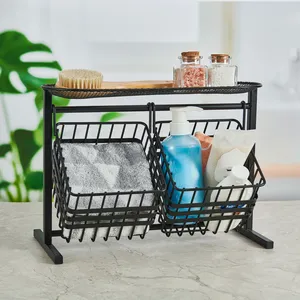 Modern Metal <b>Basket</b> Organizer with 2 Hanging Bins 14.25 in x 10.25 in Reusable Storage Rack for Kitchen or Bathroom - Product Image 1
