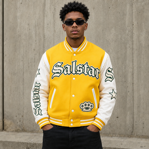 แจ็คเก็ตวาร์ซิตี้สีเหลืองขาวแบบกำหนดเองสำหรับผู้ชาย แจ็คเก็ตเบสบอลแบบ Letterman เสื้อแจ็คเก็ตบอมเบอร์สตรีทแวร์ ผู้ผลิตขายส่ง - Product Image 1