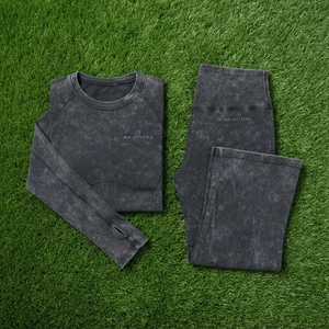 Women <b>Black</b> Acid Wash Long Sleeve Crop Top Flare <b>Leggings</b> Set High Waist Gym Yoga Workout Activewear - Product Image 5