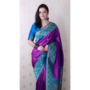 Sari en soie Banarasi violet ondulé Elite Weaves avec un motif Zari tissé unique, chemisiers et chemises doux pour femmes - Product Image 3