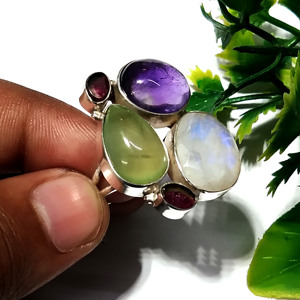 Natural Moonstone Prehnite Amethyst Tourmaline Gemstone Bezel Set <b>Ring</b> 925 Sterling Silver Handmade Multi Stone Wedding - Product Image 4